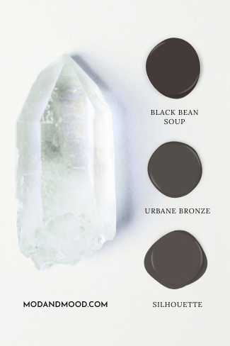 Chantilly Lace background with a big white crystal and three swatches of dark browns beside it. Colors are Black Bean Soup, Urbane Bronze, and Silhouette.