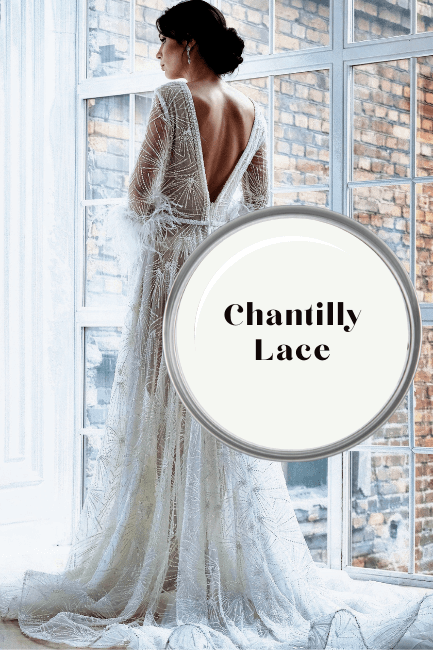 Chantilly Lace paint lid over image of woman in a lace wedding dress.
