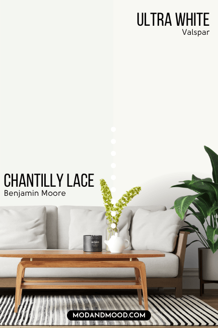 Valspar Ultra white vs Chantilly Lace on a wall behind a white sofa.