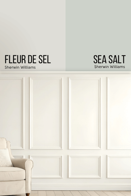 Fleur de Sel vs Sea Salt each on half of a wall above cream colored wainscoting.