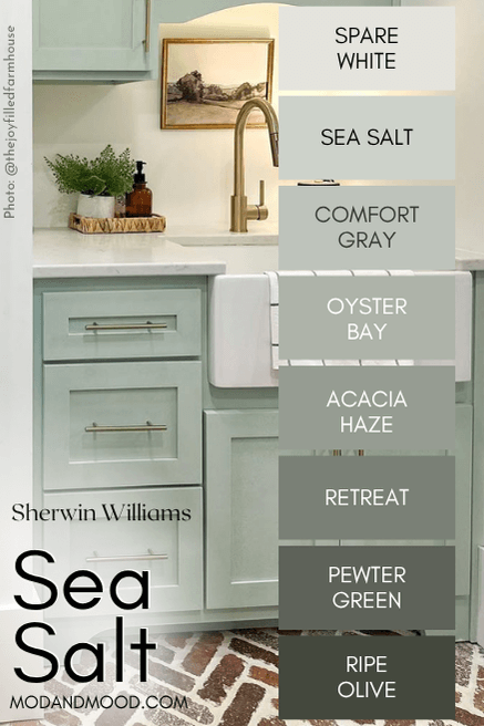 Sherwin Williams Sea Salt Color strip features colors from light to dark: Spare White, Sea Salt, Comfort Gray, Oyster Bay, Acacia Haze, Retreat, Pewter Green, and Ripe Olive over a background of Sea Salt on cabinets.