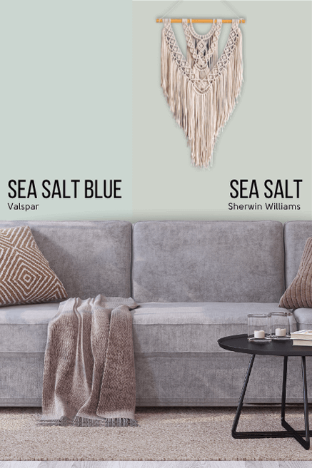 Valspar Sea Salt Blue on half of a wall and Sherwin Williams Sea Salt on the other half behind a gray sofa.