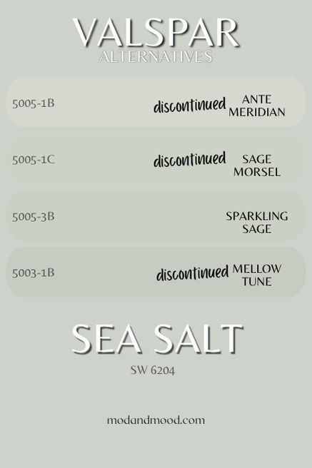 Valspar dupes for Sherwin Williams Sea Salt features shades Ante Meridian, Sage Morsel, Sparkling Sage, and Mellow Tune over a background of Sea Salt. All shades except Sparkling Sage have a label marking them as discontinued.