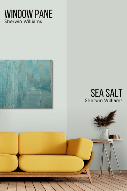 Sherwin Williams Window Pane on half of a wall and Sea Salt on the other half behind a a mustard sofa.