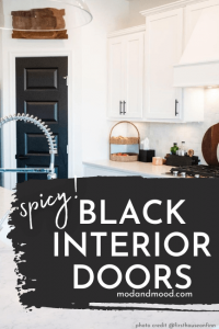 Graphic reads Spicy Black Interior Doors over a white kitchen with black pantry door
