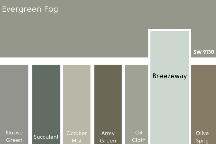 Behr Breezeway vs Evergreen Fog on a card of several other muted greens