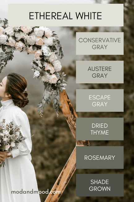 Ethereal White on the Sherwin Williams Rosemary and dried Thyme color strip over a background of an ethereal wedding in the woods