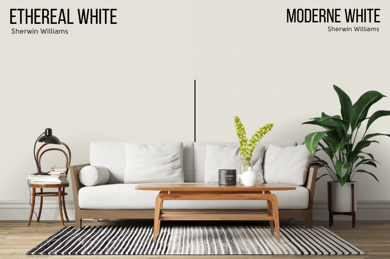 Moderne White vs Sherwin Williams Ethereal Mood on a wall behind living room furniture and plants