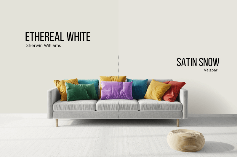 Valspar Satin Snow vs Sherwin Williams Ethereal White on a wall behind a gray couch with colorful cushions