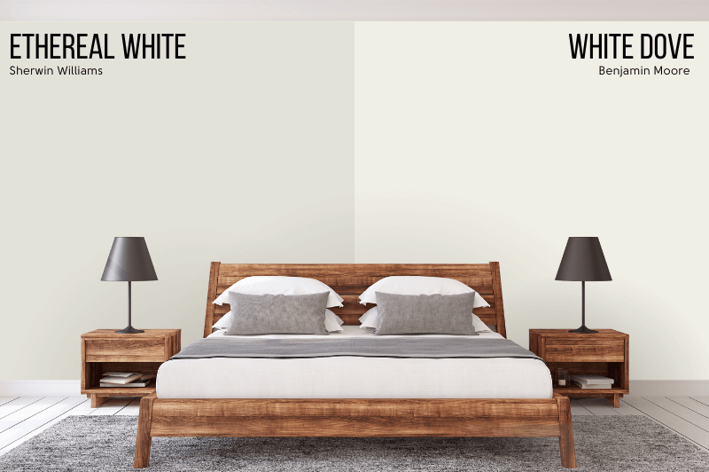Benjamin Moore White Dove vs SW Ethereal White behind a wood framed bed