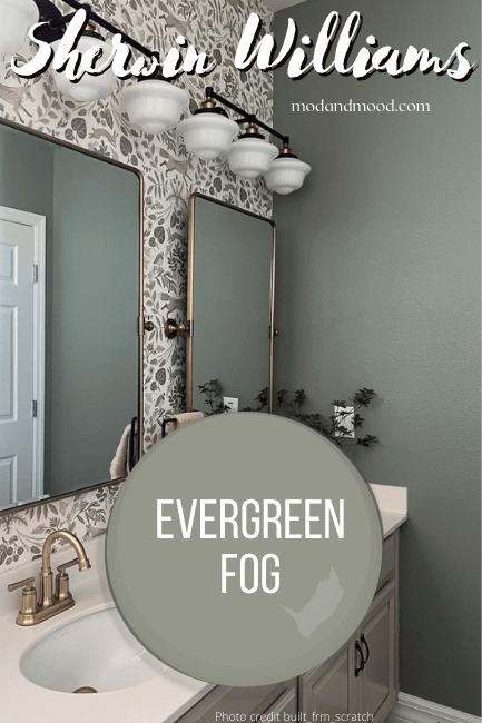 Evergreen Fog paint drop over a background pic of a bathroom with evergreen fog walls, bronze accents, pashmina colored vanity, and wallpaper