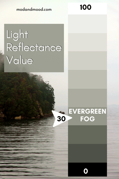 Evergreen Fog plotted on an LRV chart at 30 with 100 being white and 0 being black, over a background of a foggy lake with Evergreens in the distance