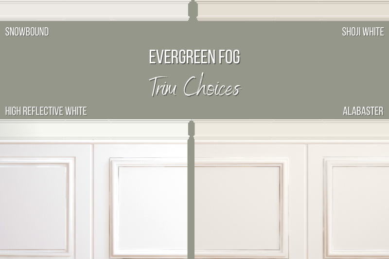 Evergreen fog trim choices with Snowbound, High reflective white, snowbound, shoji white