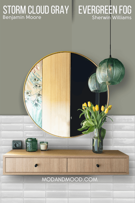Benjamin Moore dupe Storm Cloud Gray vs Evergreen Fog on the wall