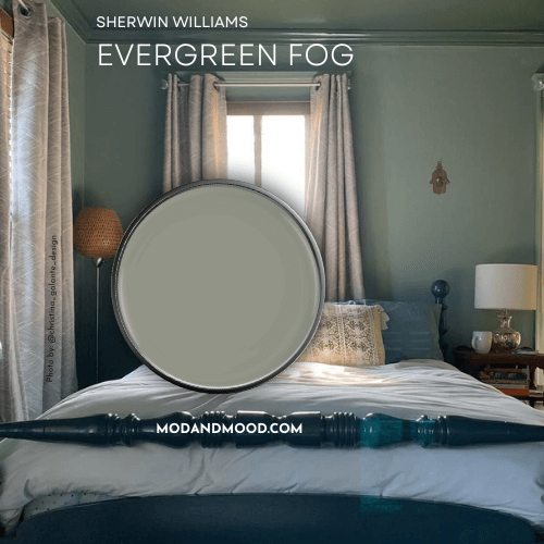 Sherwin Williams Evergreen Fog swatched on a paint lid over a photo of the same color on bedroom walls.