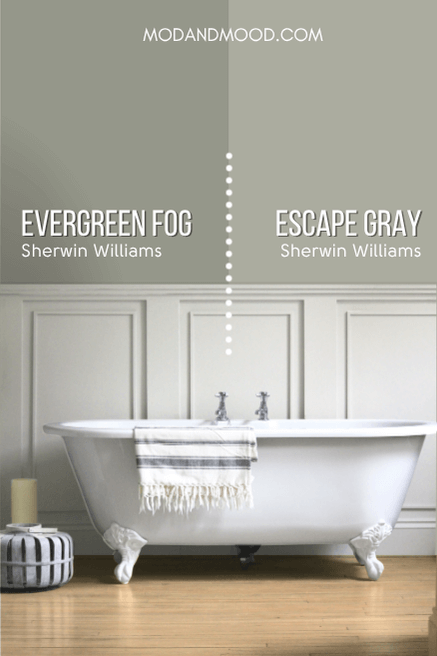 Sherwin Williams Evergreen Fog on half of a wall and Escape Gray on the other half behind a clawfoot tub and white wainscoting.