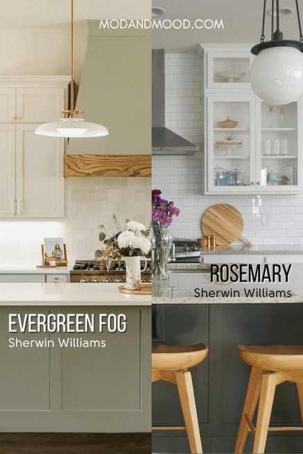 Sherwin Williams Evergreen Fog on cabinets compared to Rosemary on an island.