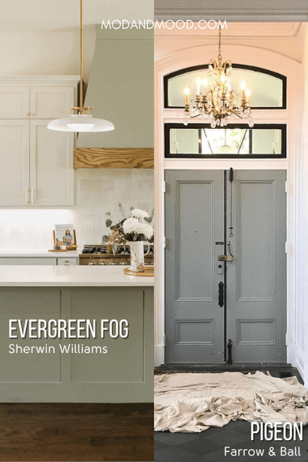 Evergreen Fog on kitchen cabinets vs Pigeon by Farrow & Ball on a door