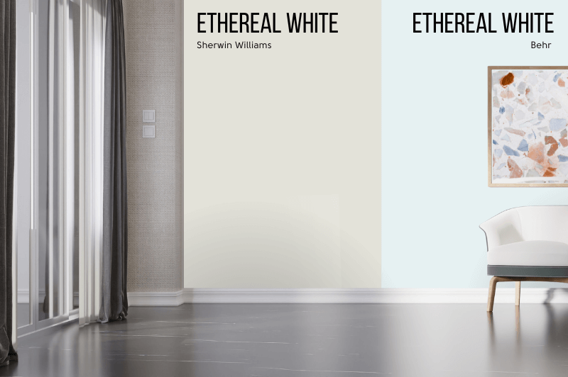 Sherwin Williams Ethereal White vs Behr Ethereal White on a wall in a living room