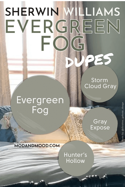 Dupes for Evergreen Fog from other brands. The colors are Storm Cloud Gray, Gray Expose, and Hunter's Hollow, over a background photo of Evergreen Fog in a bedroom.