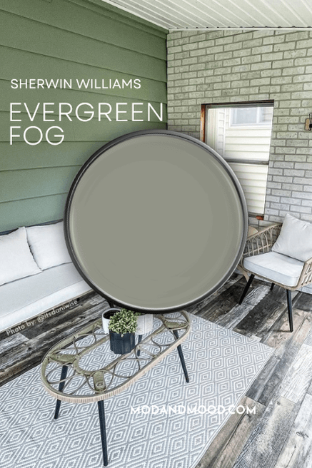 Evergreen Fog on a paint lid over a photo of that color on a wall in an enclosed porch