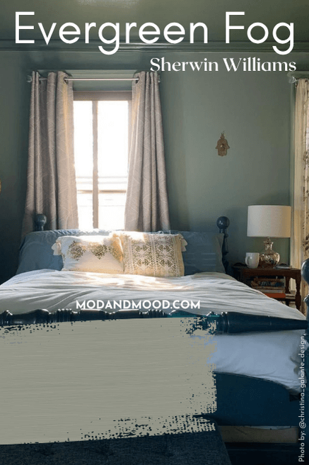 Evergreen Fog on a bedroom wall with a swatch of the color over top.