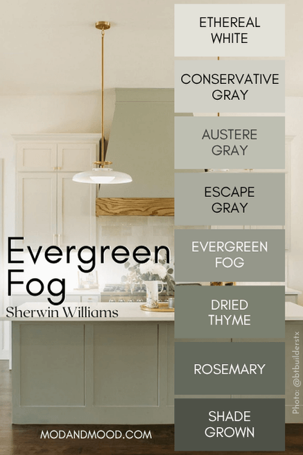 Sherwin Williams Evergreen Fog color strip from light to dark: Ethereal White, Conservative Gray, Austere Gray, Escape Gray, Evergreen Fog, Dried Thyme, Rosemary, and Shade Grown.