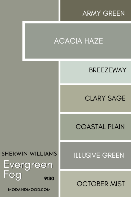 Acacia Haze vs Evergreen Fog on a card of several other muted greens