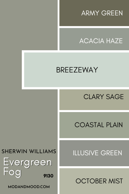 Behr Breezeway vs Evergreen Fog on a card of several other muted greens