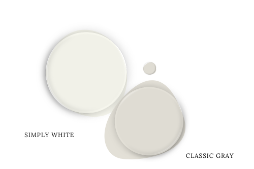 Benjamin Moore Simply White swatched as a paint dot beside coordinating color Classic Gray