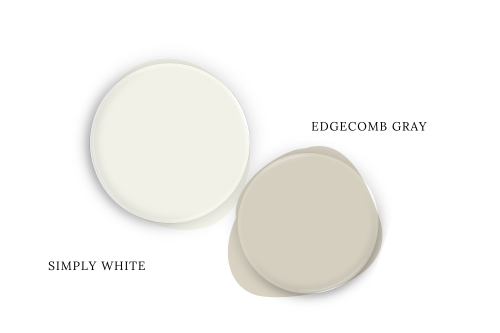 Benjamin Moore Simply White swatched as a paint dot beside coordinating color Edgecomb Gray