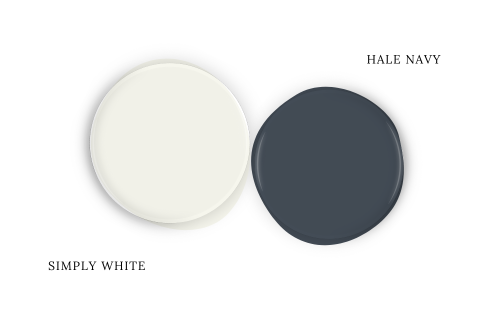 Benjamin Moore Simply White swatched as a paint dot beside coordinating color Hale Navy