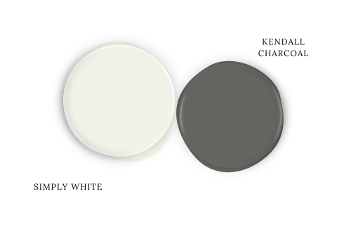 Benjamin Moore Simply White swatched as a paint dot beside coordinating color Kendall Charcoal