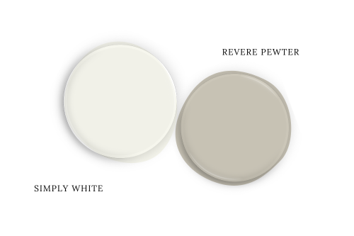 Benjamin Moore Simply White swatched as a paint dot beside coordinating color Revere Pewter