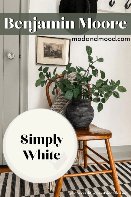 A paint dot of Simply White over a photo of simply white walls with a wood chair and a vase of eucalyptus