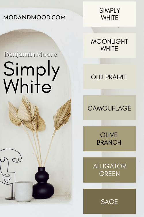 The Benjamin Moore Simply White Color strip features shades from light to dark: Simply White, Moonlight White, Old Prairie, Camouflage, Olive Branch, Alligator Green, and Sage over a background of a creamy white plaster wall with an arch shelf inset.