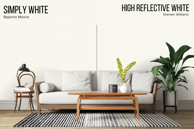 Simply White vs Sherwin Williams High Reflective White on a wall