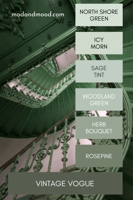 Color strip of Benjamin Moore north shore green to Vintage Vogue over a background of a green staircase