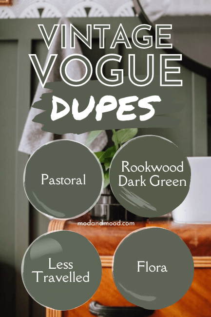 Vintage vogue dupes: Flora, Pastoral, Less Travelled, and Rookwood dark green over a background of a vintage vogue bathroom