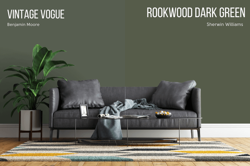 Sherwin Williams Rookwood Dark Green vs Vintage Vogue on a wall