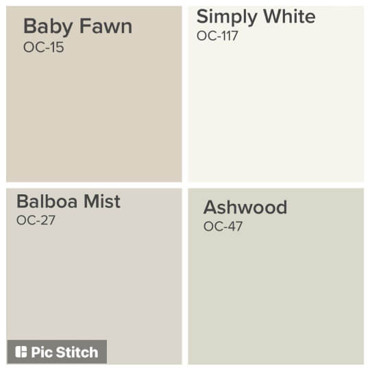Word of Mouth Painting Simply White palette featuring Baby Fawn, Ashwood, and Balboa Mist