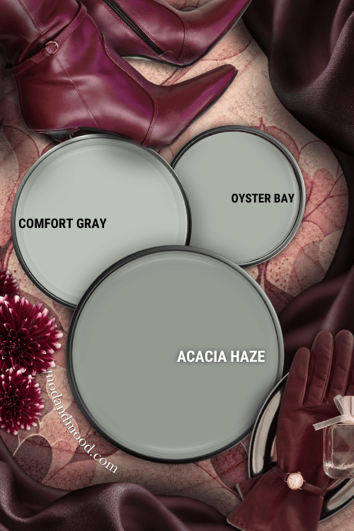 Comfort Gray, Oyster Bay, and Acacia Haze all on paint lids over a burgundy and pink background.