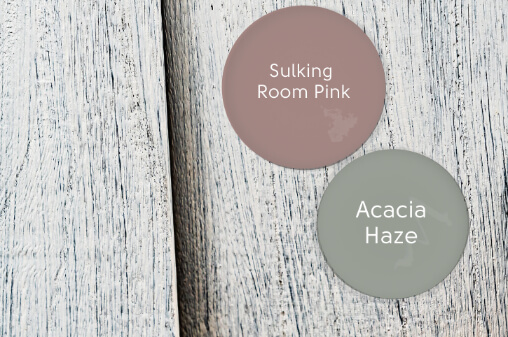Coordinating Colored Paint drop of Acacia Haze over a whitewashed board with a drop of Sulking Room Pink