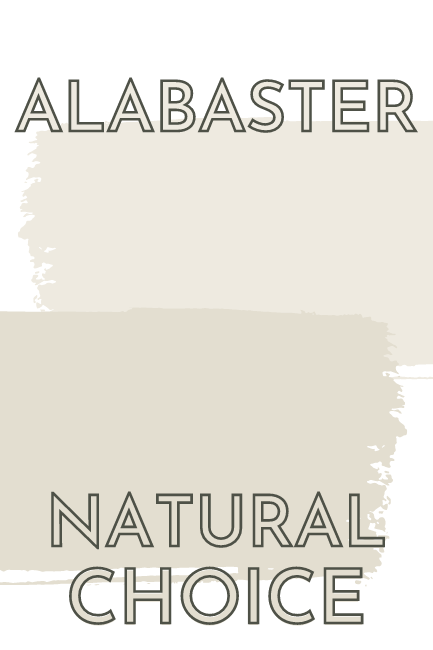 Sherwin Williams Alabaster Paint brush swipe swatch above same of Natural Choice
