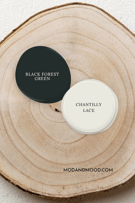 Droplet of Black Forest Green beside a droplet of coordinating color Chantilly Lace