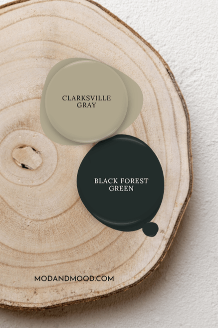 Droplet of Black Forest Green beside a droplet of coordinating color clarksville gray