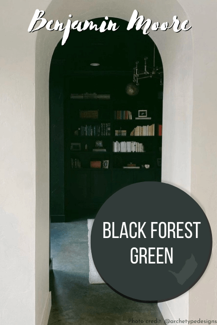 Black Forest Green dollop swatched over a photo of a tall arched entrance into a black forest living room study