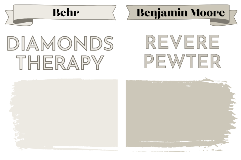 Paintbrush swipe swatch of Behr Diamonds Therapy beside Paintbrush swipe swatch of Benjamin Moore Revere Pewter