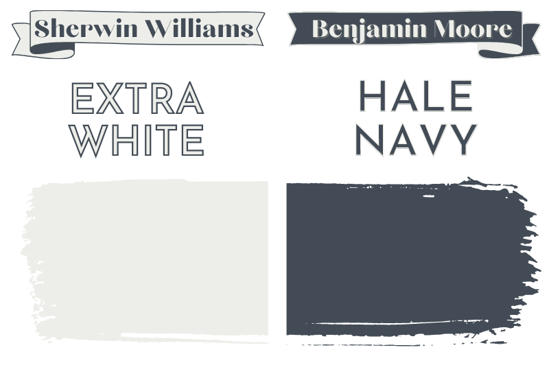 Paintbrush swipe swatch of Sherwin Williams Extra White beside a paintbrush swipe swatch of Benjamin Moore Hale Navy