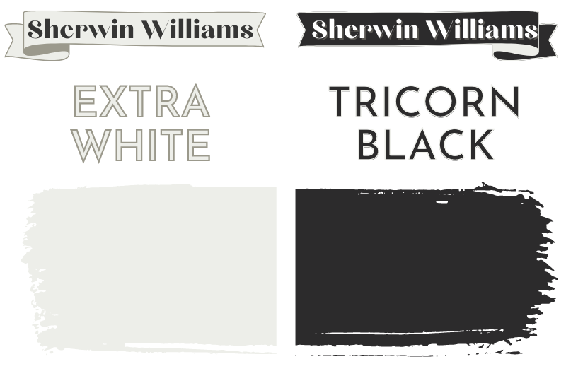 Paintbrush swipe swatch of Sherwin Williams Extra White beside Paintbrush swipe swatch of Sherwin Williams Tricorn Black